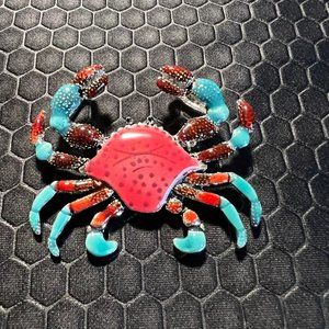 Crab Brooch Red and Aqua 18K White Gold Plated